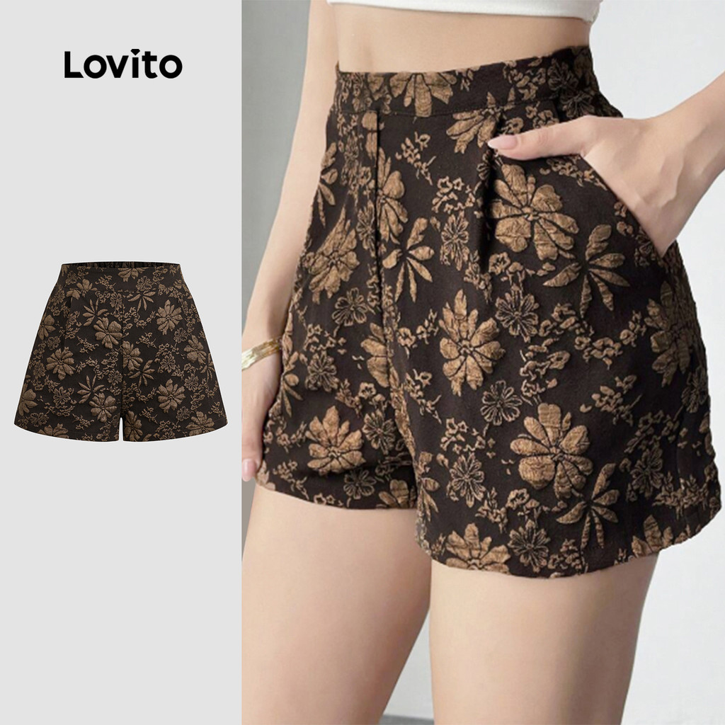 Lovito กางเกงขาสั้นแบบโบฮีซิปกระเป๋า ลายฤดูใบไม้ผลิ/ฤดูร้อน สีน้ำตาล สำหรับผู้หญิง L142ED142