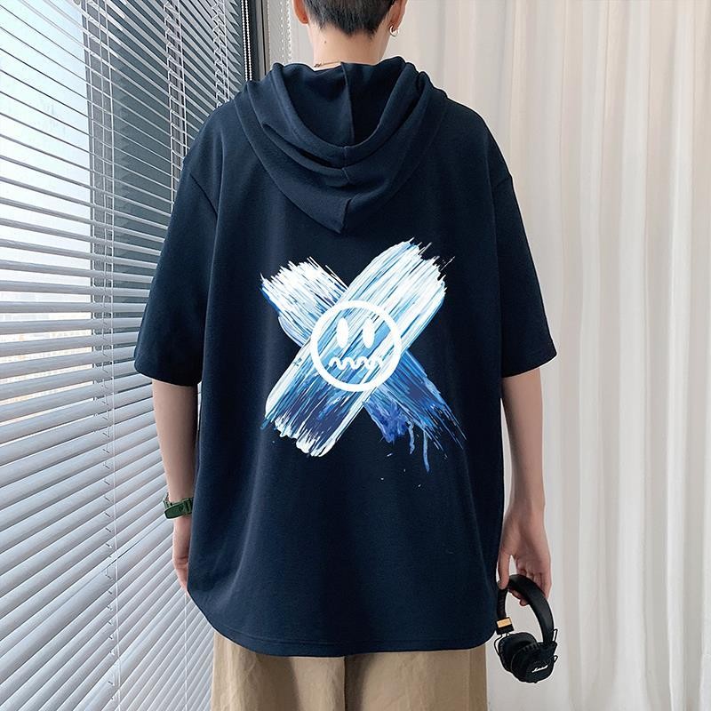 เสื้อยืดแขนสั้นมีฮู้ดสำหรับผู้ชาย แบบฮิปฮอป สตรีทแวร์น้ำหนักเบา อินเทรนด์และสวมใส่ง่ายในอากาศร้อน