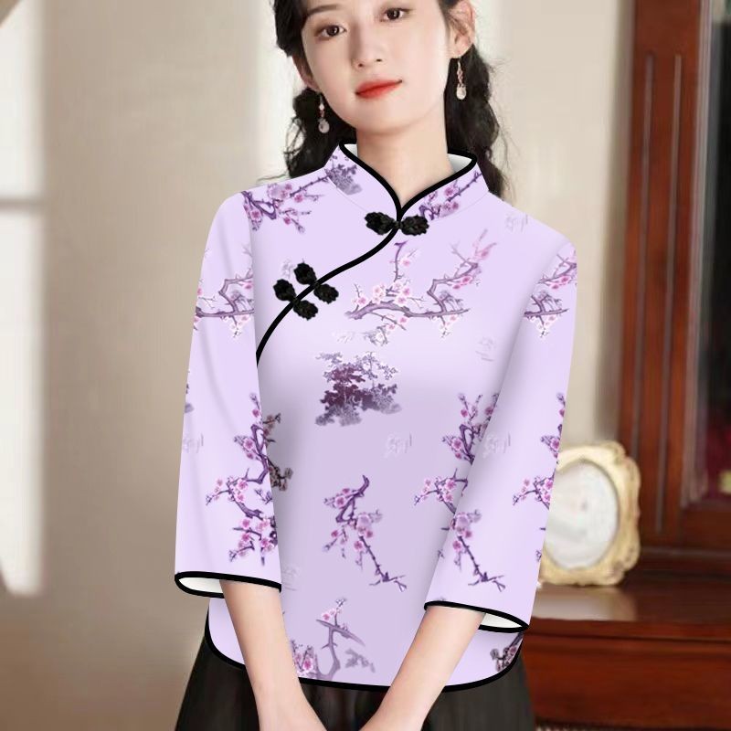 สินค้าใหม่แขนสามในสี่ปรับปรุง Cheongsam ผู้หญิงหัวเข็มขัดสไตล์จีนเสื้อยืด Retro พิมพ์ที่มีชื่อเสียงสไตล์ชาติพันธุ์หลวม S
