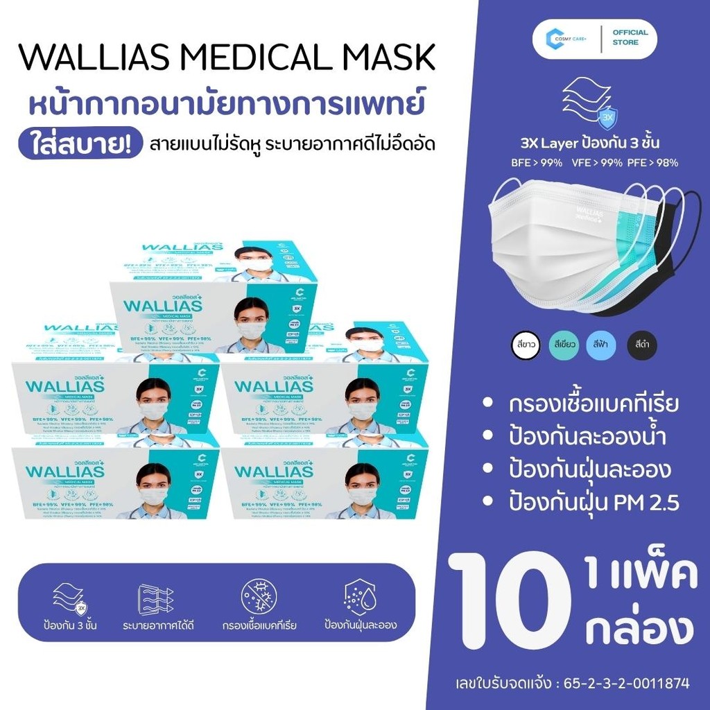 หน้ากากอนามัยทางการแพทย์ของแท้ Wallias (สุดคุ้ม! เซต 10 กล่อง)| แมส 3 ชั้น ใส่สบาย ไม่เจ็บหู | หน้ากากผู้ใหญ่ 50 ชิ้น /