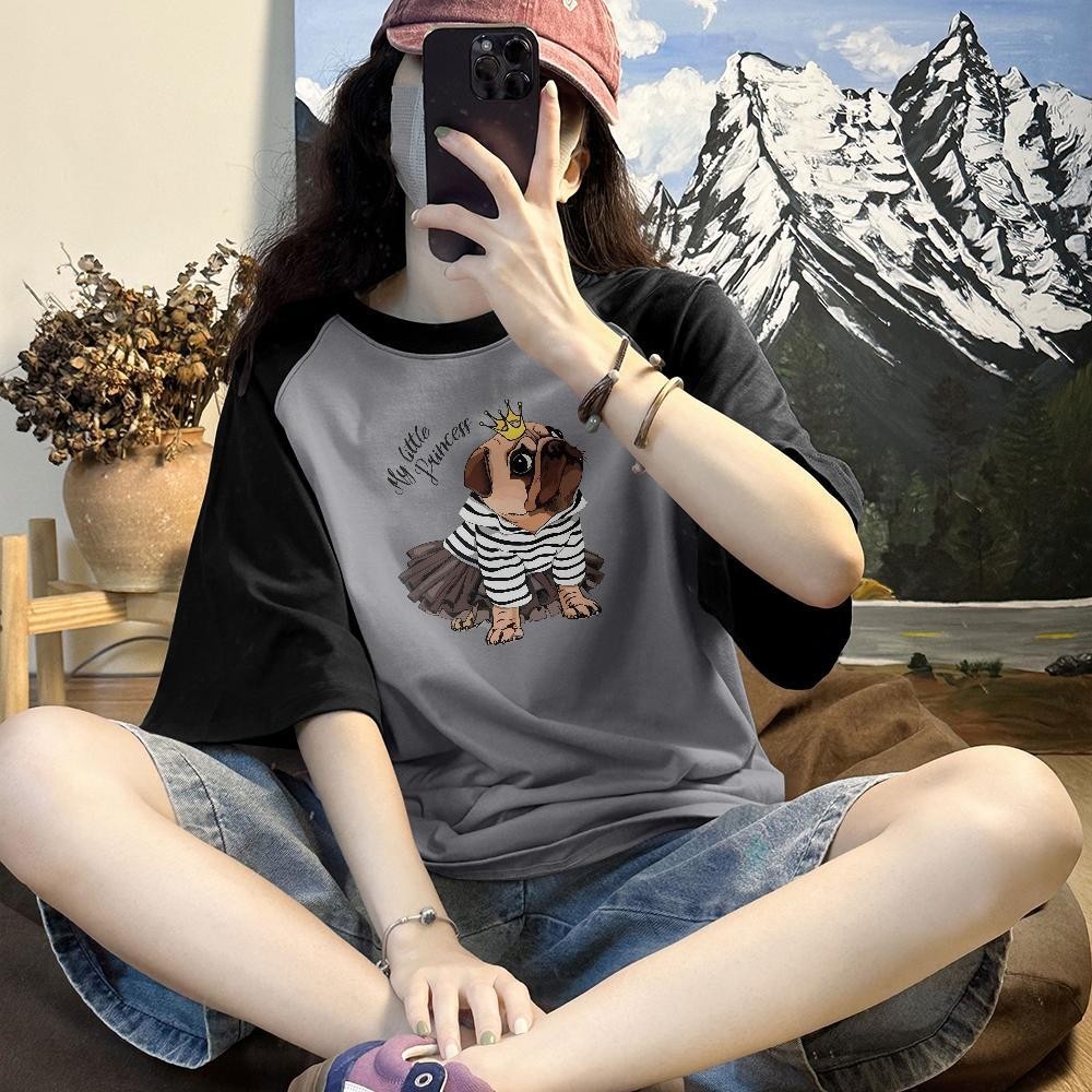 Krazy Shop เสื้อยืดทูโทน เสื้อยืดโอเวอร์ไซต์ เสื้อยืดแฟชั่น T-shirt เสื้อคู่ วินเทจ เสื้อยืดคอกลมลาย