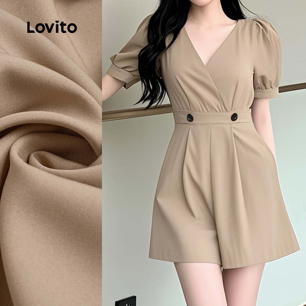 (New) Lovito กางเกงจั๊มสูทลายเพรียวผ้าคอตตอนคาดิแกนสำหรับผู้หญิง ฤดูใบไม้ผลิ/ฤดูร้อน L142ED633