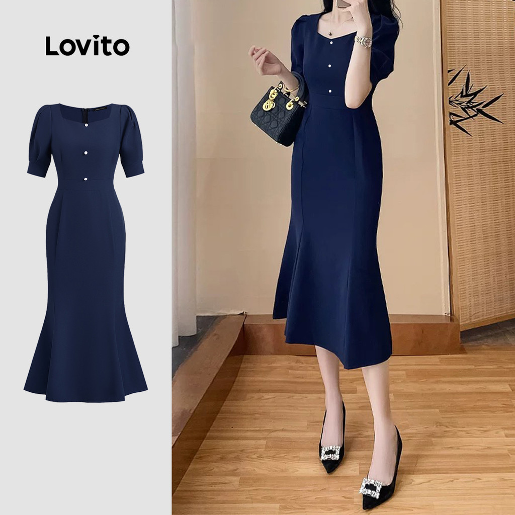 (New) Lovito ชุดเดรสสบาย ๆ แบบมีกระดุม ดีไซน์เรโทร สำหรับเดินทางในช่วงฤดูใบไม้ผลิ/ฤดูร้อน สีฟ้า L142