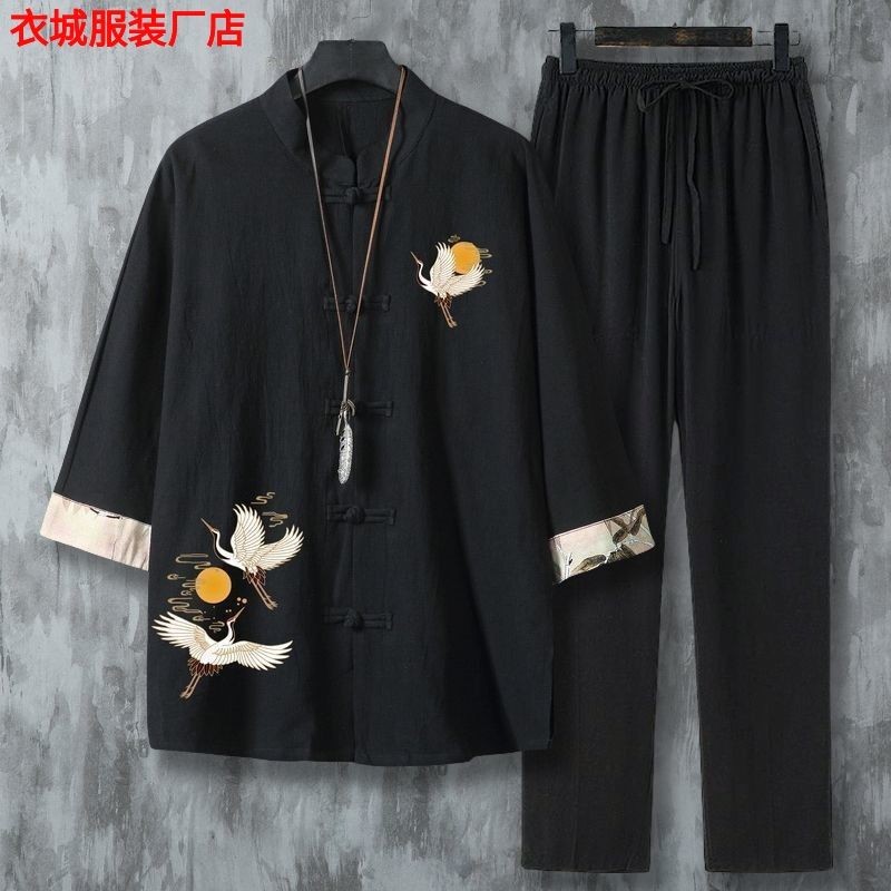 ชุดเสื้อแขนสามส่วนรุ่นหลวมสไตล์จีนยืนขึ้นปกโบราณ2025 สไตล์ชาติพันธุ์แอปริคอทผ้าฝ้ายผ้าลินิน817xtz1