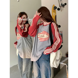 Solovely M-2XL ผู้หญิง สไตล์เกาหลี ลำลอง หลวม เสื้อตัวบน ลายทาง บล็อกสี พิมพ์ลาย แขนยาว เสื้อสเวตเชิ้ต