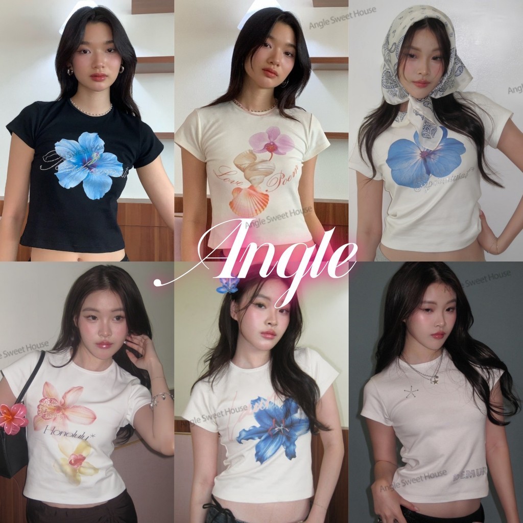 (จัดส่งตลอด 24 ชั่วโมง）Angle Official เกาหลี y2k สไตล์ลายดอกไม้ 100% ผ้าฝ้ายบริสุทธิ์ baby tee series