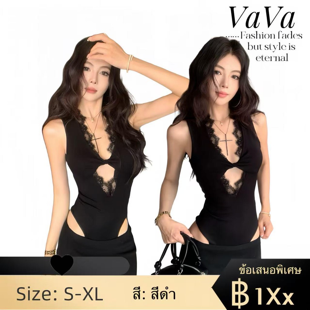 VaVa【ในสต็อก】 เสื้อกั๊กลูกไม้แขนกุดผูกโบว์สุดเซ็กซี่สำหรับผู้หญิง ประจำฤดูร้อน ปี 2026 จั๊มสูทสีด
