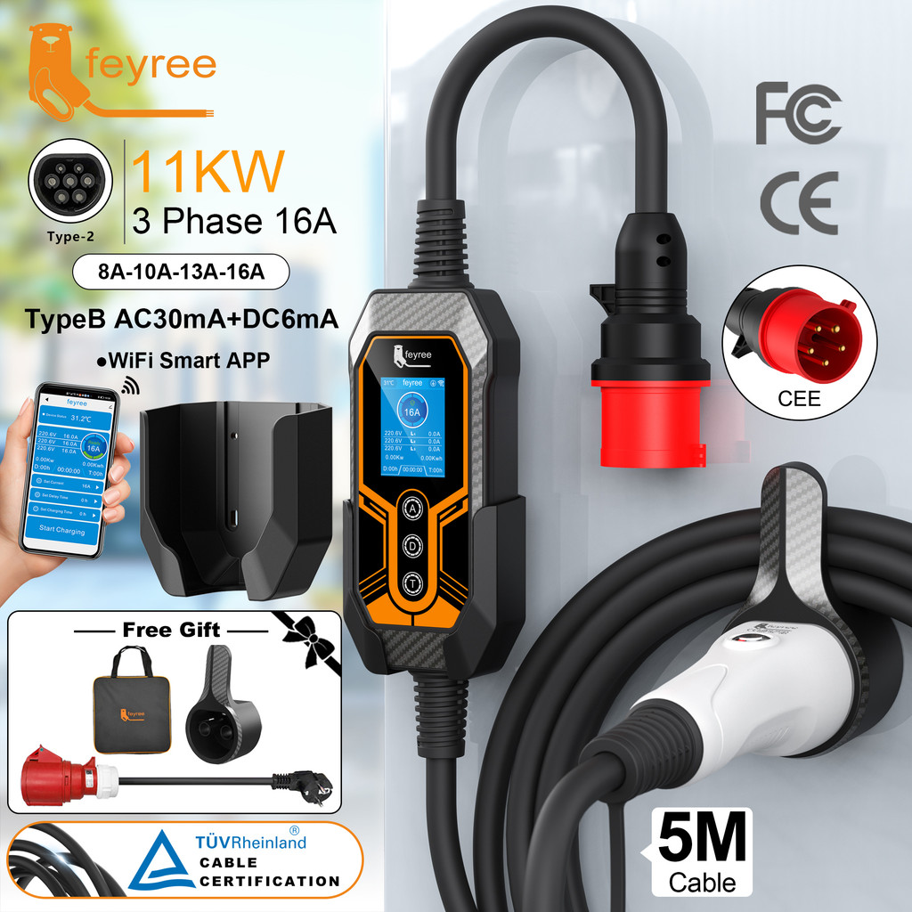 Feyree EV Charger แบบพกพาอัพเกรดใหม่พร้อมที่ใส่ผนัง Type2 16A11KW 3 เฟส Wifi APP ควบคุม EVSE กล่องชา