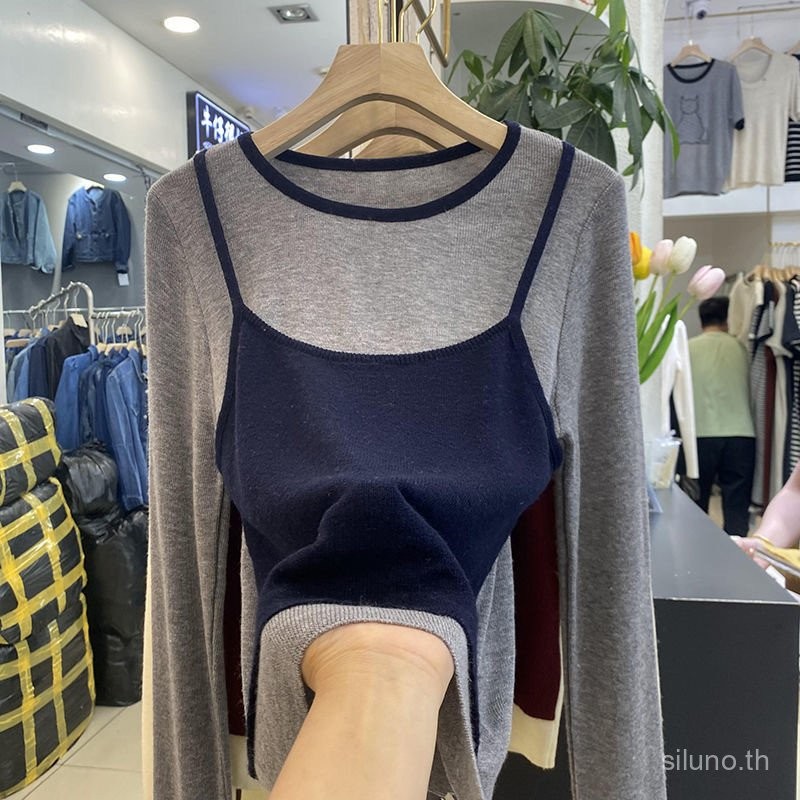 ปลอมสองชิ้นสีคมชัดเสื้อกันหนาวแขนยาวผู้หญิง ออกแบบดีไซน์ทันสมัยสำหรับฤดูใบไม้ร่วงและฤดูหนาว มีหลากหลายไซซ์ให้เลือก