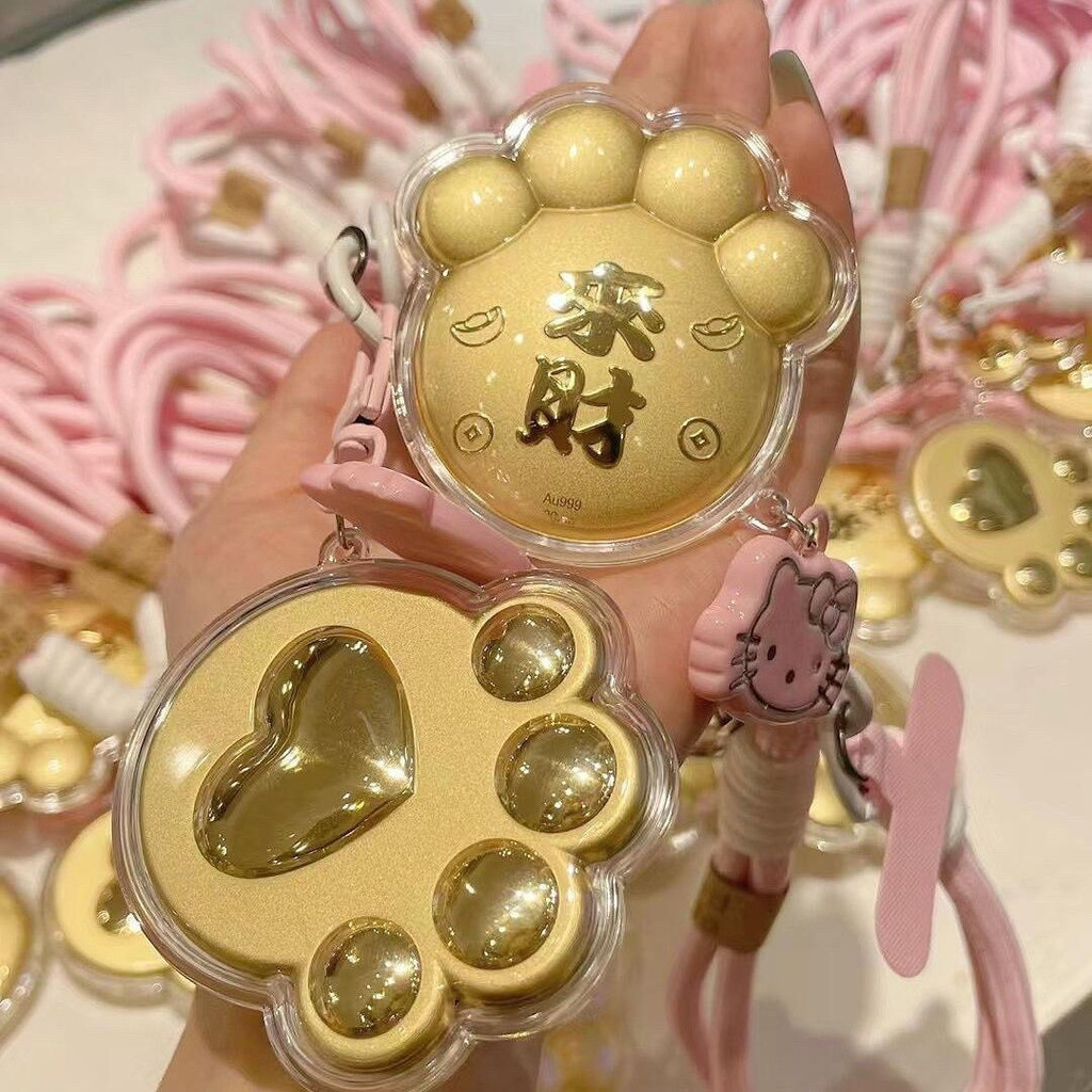 อินเทรนด์ เล่นของแท้ 999 Lai Cai cat claw โทรศัพท์มือถือจี้ทองคําบริสุทธิ์ Double-Sided cat claw พวง