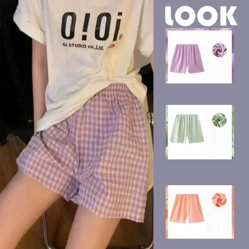 กางเกงขาสั้นลำลอง ลายสก๊อต เอวยางยืด กางเกงใส่นอน มินิมอล ผ้าดี ใส่สบาย