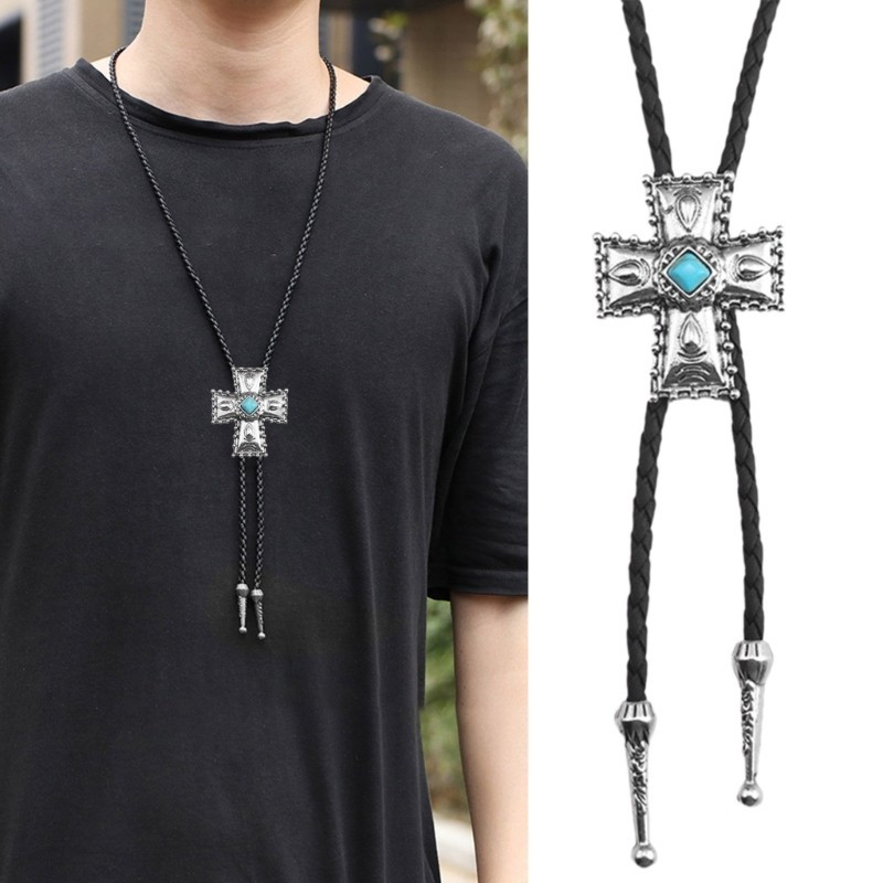 Kelln Cowboy PU Leather Bolo Tie with Metal Crosses Stone สําหรับงานปาร์ตี้และชุดลําลอง