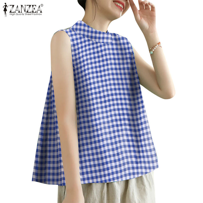 ZANZEA ใส่ ซานเซีย ผู้หญิงเกาหลีลําลองคอกลมแขนกุดลายสก๊อตกชายเสื้อปุ่มถัง