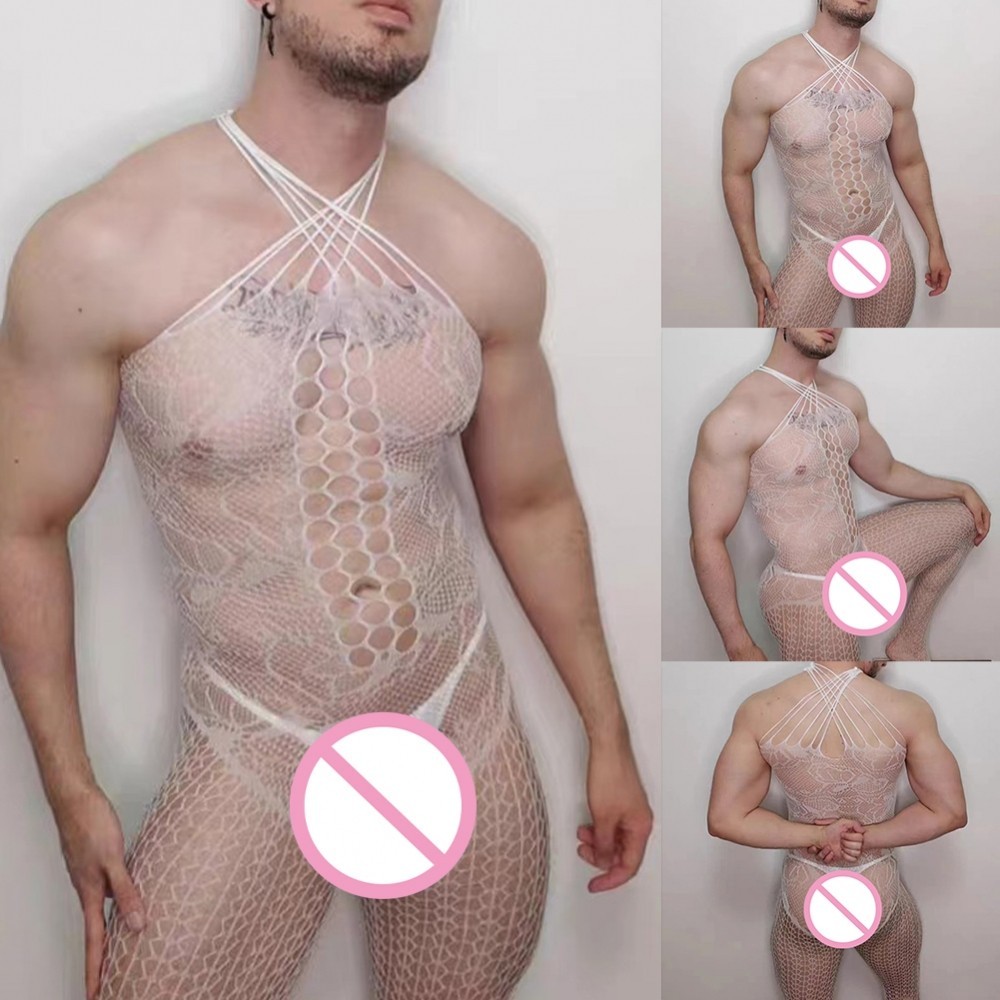 ผู้ชาย Hollow Out Fishnet ชุดบอดี้สูทเต็มรูปแบบ Sissy Jumpsuit Bodystocking ชุดชั้นในเซ็กซี่