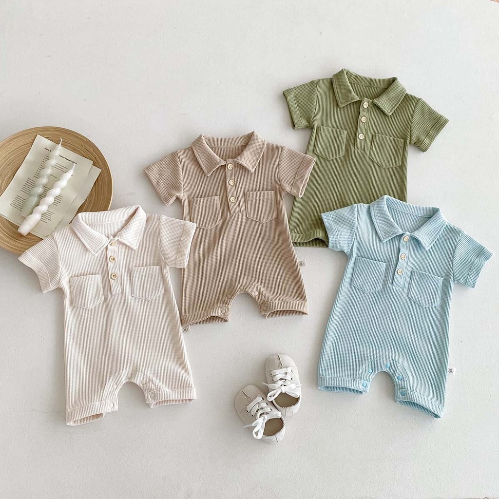 เสื้อผ้าเด็กแรกเกิด บอดี้สูทเด็กสี่สีธรรมดาแขนสั้นคอปกโปโลเด็กทารกชายหญิง ชุดรอมเปอร์ 0-2 ปี