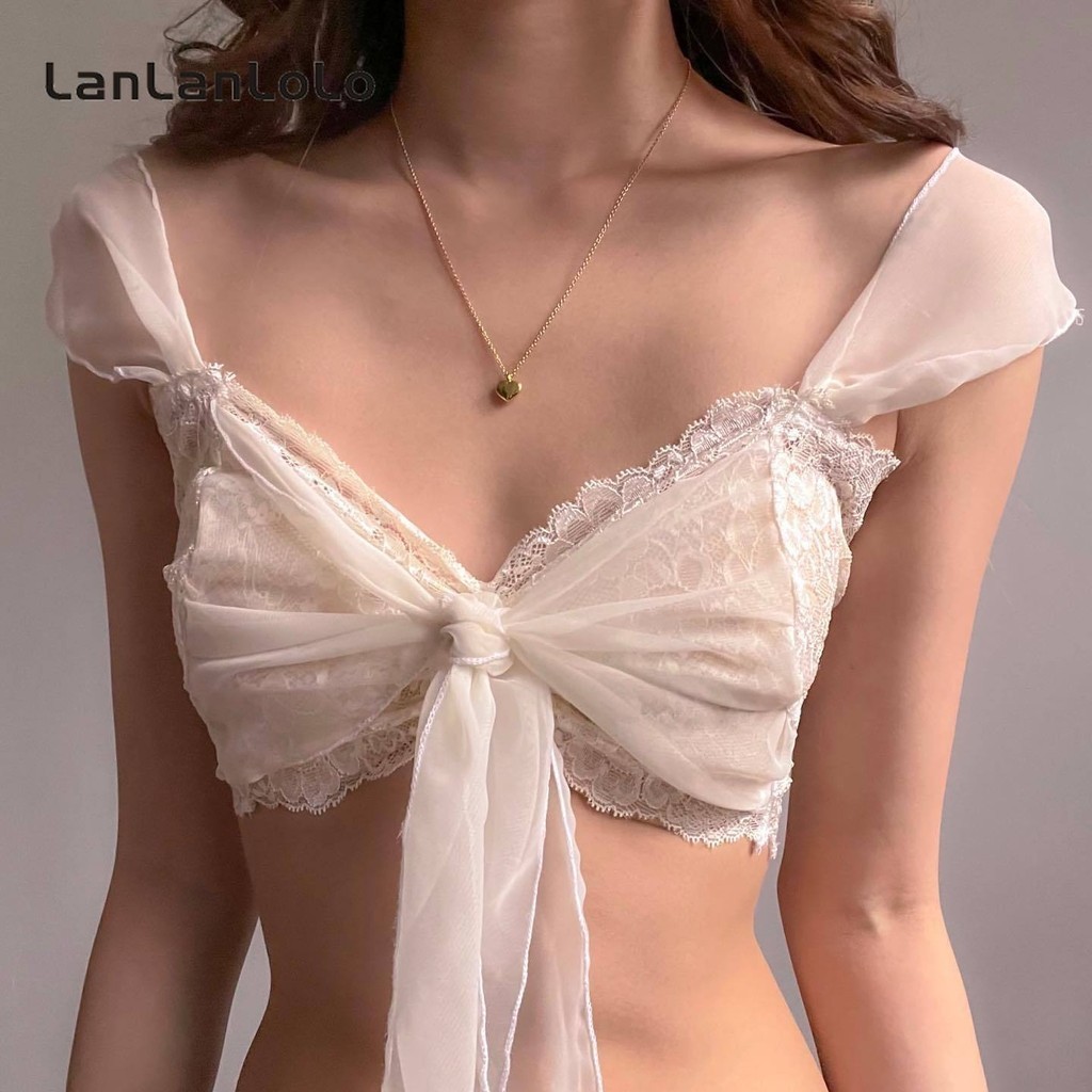 LanLanLoLo ผู้หญิงสีทึบฤดูร้อนใหม่เซ็กซี่หวานโบว์ลูกไม้ตาข่าย Splicing Camisole เสื้อกล้าม
