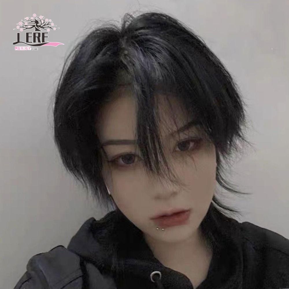 Jeremy1 วิกผมหัว Mullet พร้อม Bangs, สังเคราะห์ทนความร้อนวิกผมคอสเพลย์ยาว, ฮาโลวีนตรงสีดํา Layered อะนิเมะผู้ชายวิกผมทุกวัน
