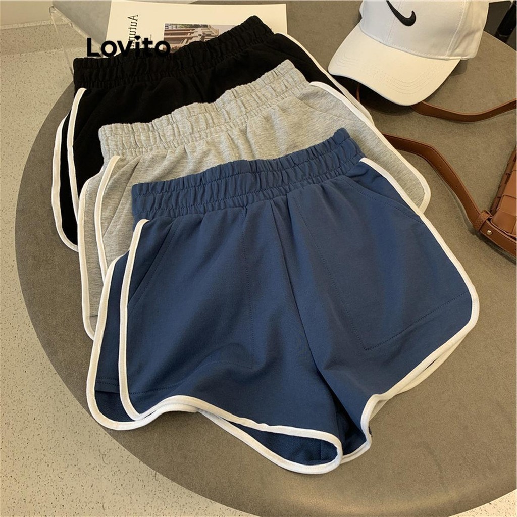 Lovito กางเกงกีฬาขาสั้นผู้หญิง แต่งขอบสี เบสิก สีพื้น สไตล์สปอร์ต LNE59321