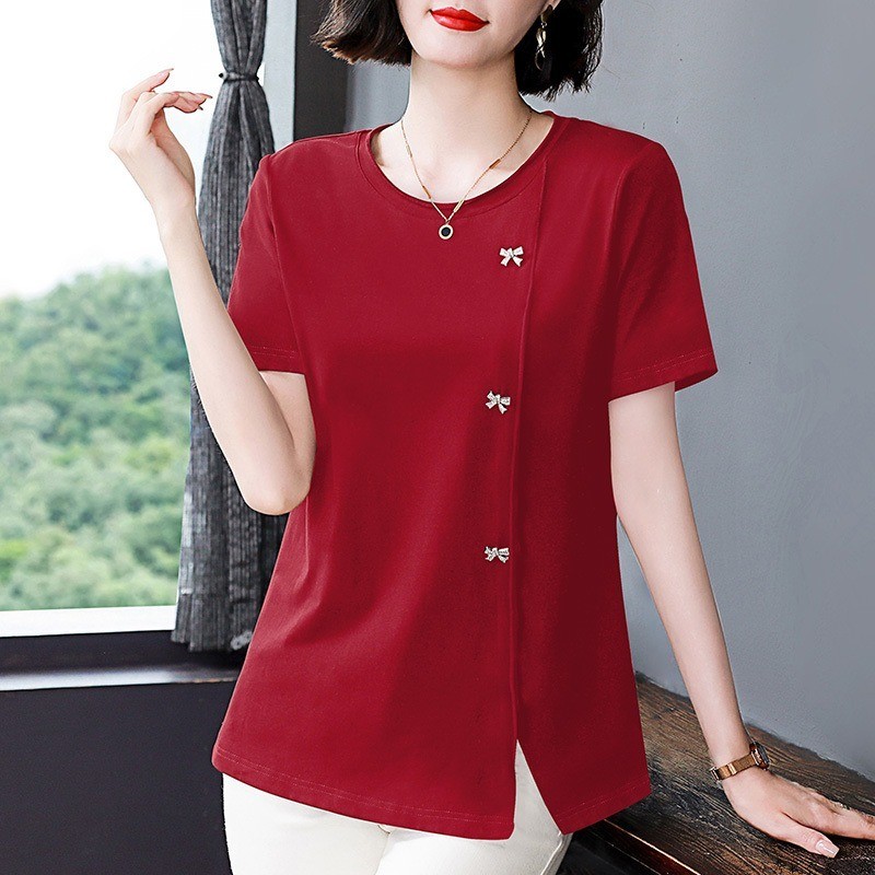 พลัสขนาดผู้หญิงฤดูร้อนเสื้อผ้าสตรีรอบคอด้านบนใหม่สไตล์จีนแยกเหมผิดปกติด้านบนหลวม ผอมลง ดูปก ท้อง เสื้อยืด