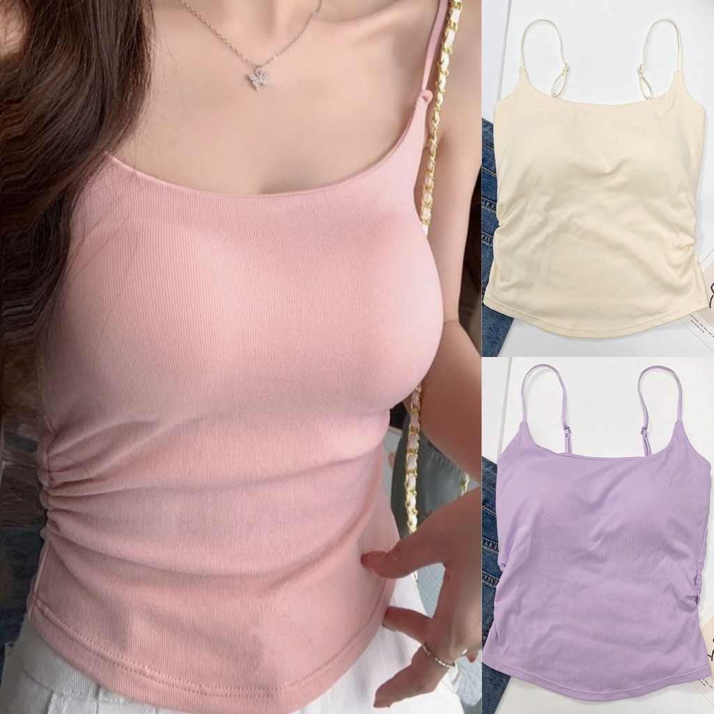 Suysuy พร้อมส่ง เสื้อ สายเดี่ยว สีพาสเทล สม็อคข้าง สายปรับได้จริง ผ้าเรยอนนุ่มๆใส่สบาย มีฟองน้ำในตัว