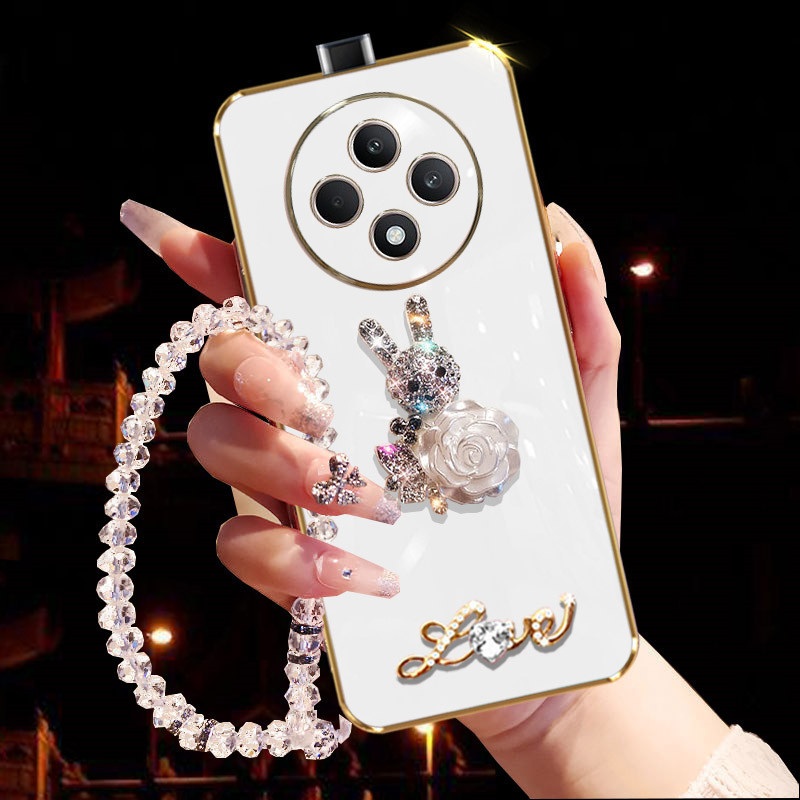 เคสโทรศัพท์สําหรับoppo Reno12 F A3 Pro Reno 12 12F Reno12F OPPOA3 A3Pro OPPOA3Pro 5Gเพชรภาษาอังกฤษดอกไม้กระต่ายสีขาว + แขวนสร้อยข้อมือเชือกHandphoneปลอกหญิงปกหลัง
