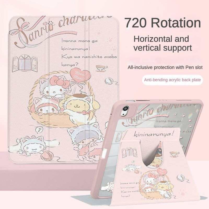 เคส Ipad 360 ° Rotationlove Basket Hellokitty Cinnamoroll พร้อมที่วางปากกาเหมาะสําหรับอะคริลิค iPad Air6 Gen7/8/9 10.2 Gen5/6 9.7 Air4 Air5 10.9 Pro11 Gen10