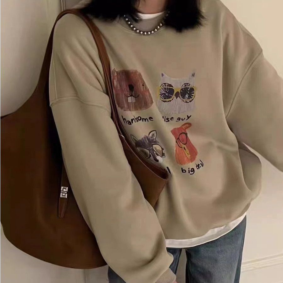 ผู้หญิงย้อนยุคการ์ตูนแขนยาวเสื้อกันหนาวอเมริกันหลวมเสื้อกันหนาวแฟชั่นที่เรียบง่ายเสื้อสวมหัว