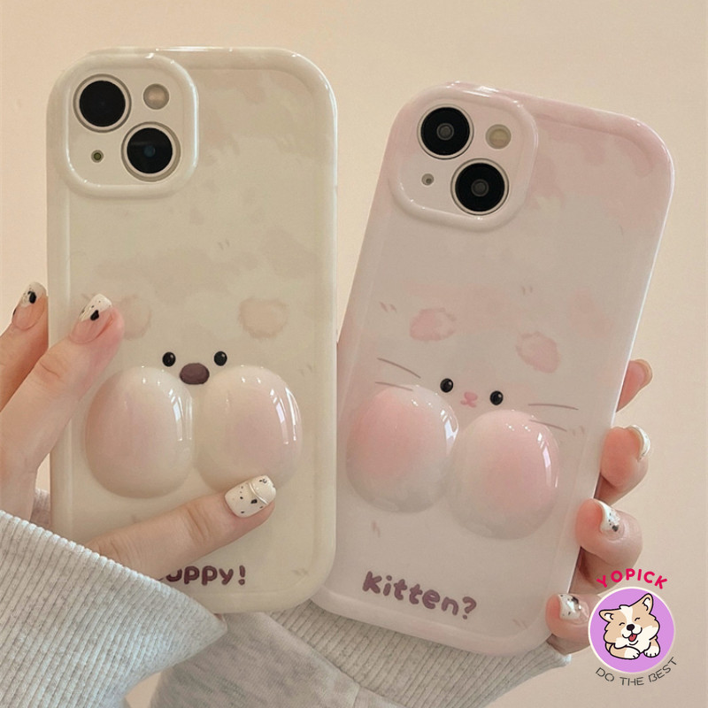 3dแมวน่ารักสุนัขคู่เคสโทรศัพท์สําหรับiphone 14Promax 11 12 13 14 15Plus 11 Pro Max X XS XR XS Max 7 8 Plus SE2020 6Plusฝาครอบโทรศัพท์สาว