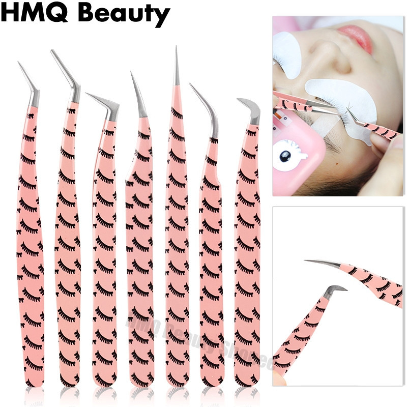 Professional Pink Eyelash Tweezer Eyelash พิมพ์สแตนเลส Anti-Static สําหรับที่แม่นยํา False Lash สําหรับ Lash Extensions Professional แหนบ