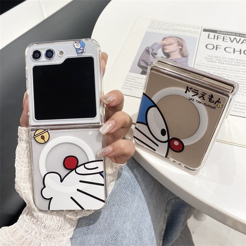 Happy Doraemon Bracket Magnetic Clear Hard Case สําหรับ Samsung Galaxy Z Flip 6 5 4 3 7 FE Flip6 Flip5 Flip7 Anti-Knock ฝาครอบโทรศัพท์ปลอก
