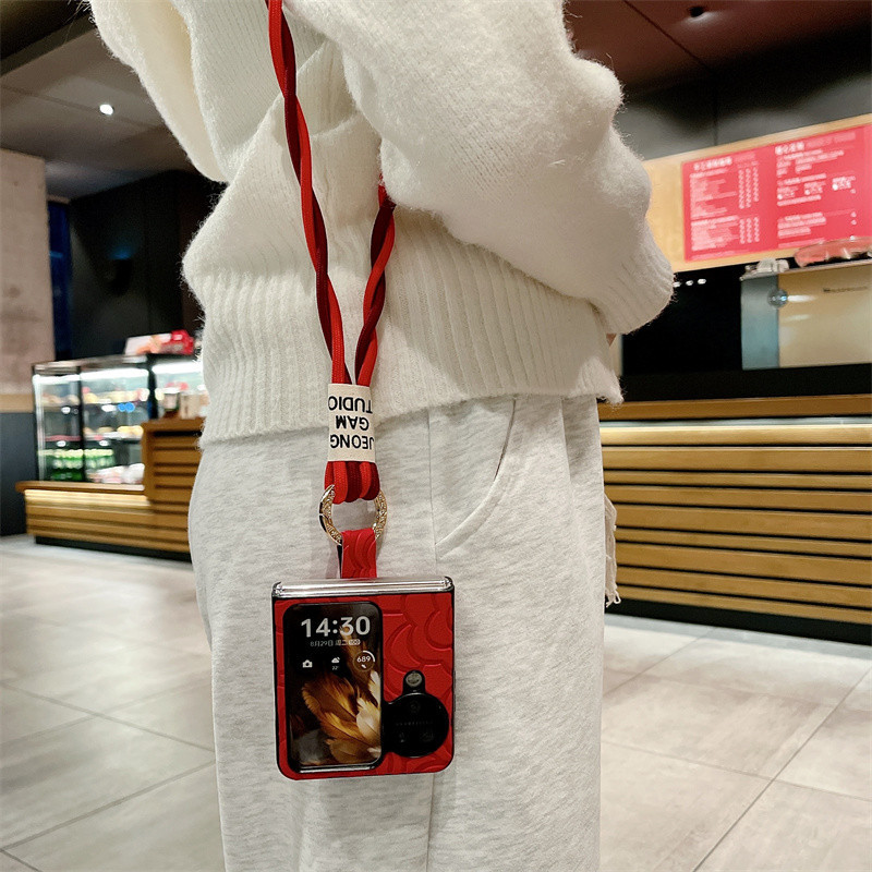 สําหรับ OPPO Find N3 Flip, Find N2 Flip, เคสโทรศัพท์แบบพับได้ดอกเคมีเลียแบบแขวน, ฝาครอบป้องกันป้องกันการตกแบบหนังคุณภาพสูง - รูปที่ 4