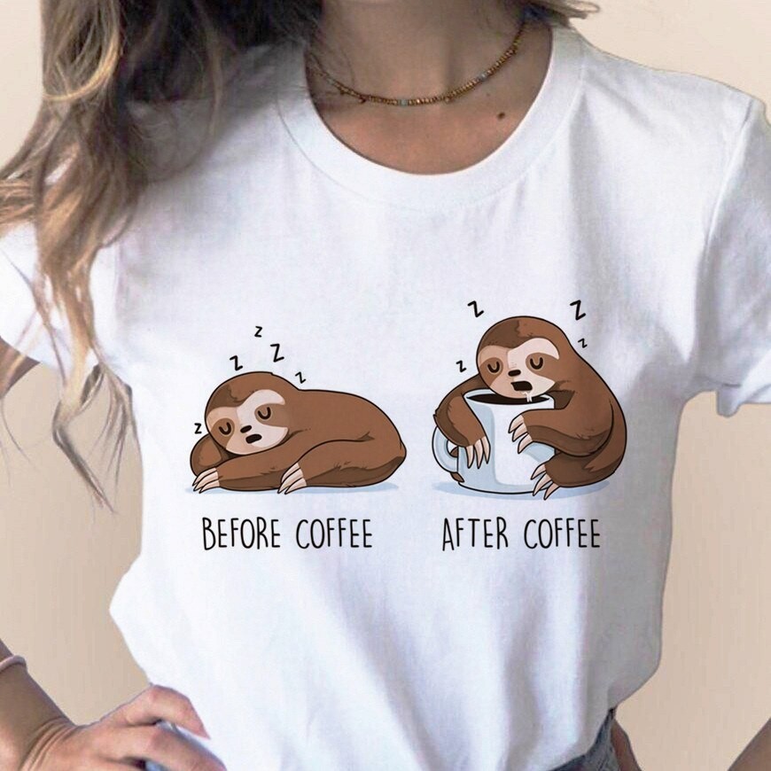เสื้อยืดผ้าฝ้ายขี้เกียจ Sloth ตลกผู้หญิงเสื้อยืดฤดูร้อนก่อนกาแฟ After Coffee ถ้วยสัตว์ Top การ์ตูนน่