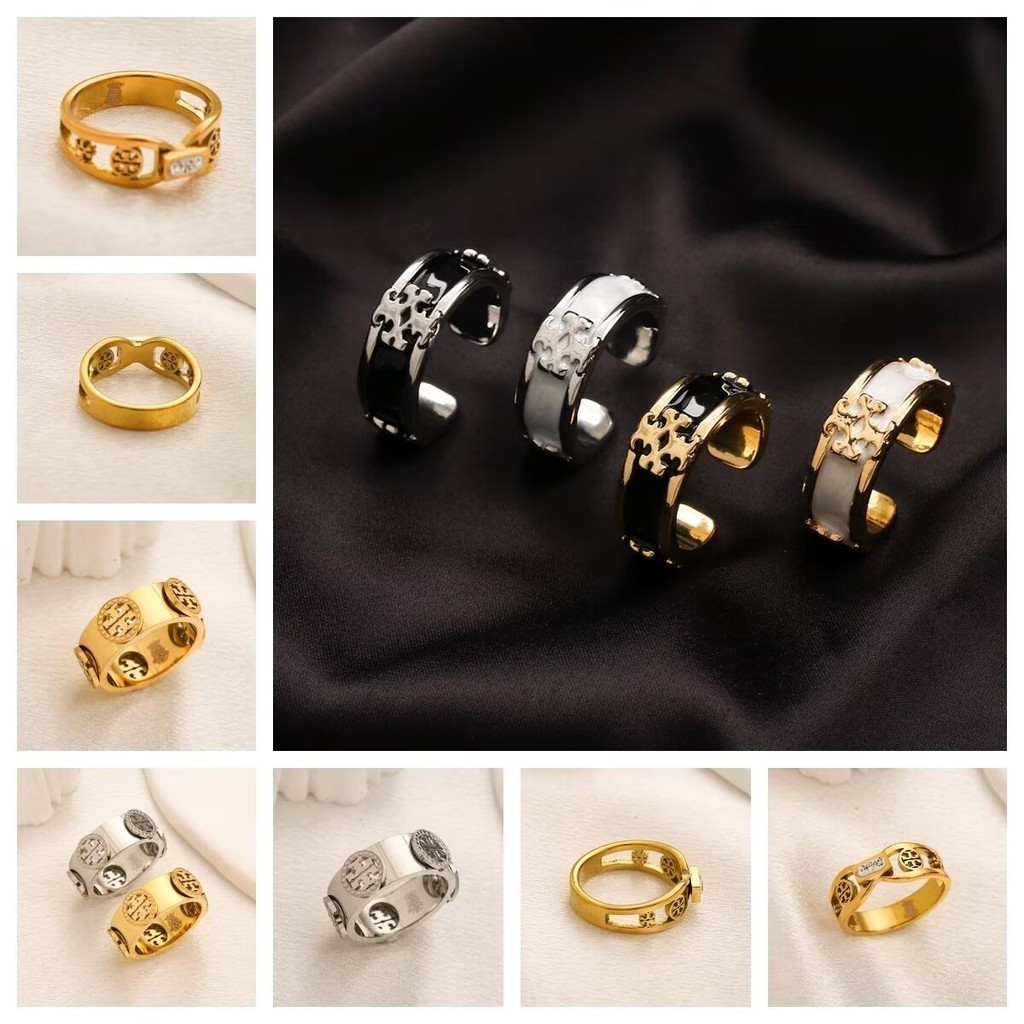 TORY BURCH LV สตอรี เบิร์ช แหวนสําหรับผู้หญิงเย็นเรียบง่ายสไตล์เกาหลีจดหมาย เลเวล แหวนนิ้วคู่อเนกประสงค์สร้างสรรค์ซิลเวอร์โกลด์ 926 ซินซิน อุปกรณ์เคร