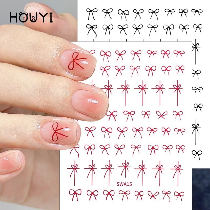 1sheep French Ribbon Bow Nail Stickers - Y2K Sweet Cool Bowknot Line Nail Art Decals - DIY หญิงสาวตกแต่งเล็บ