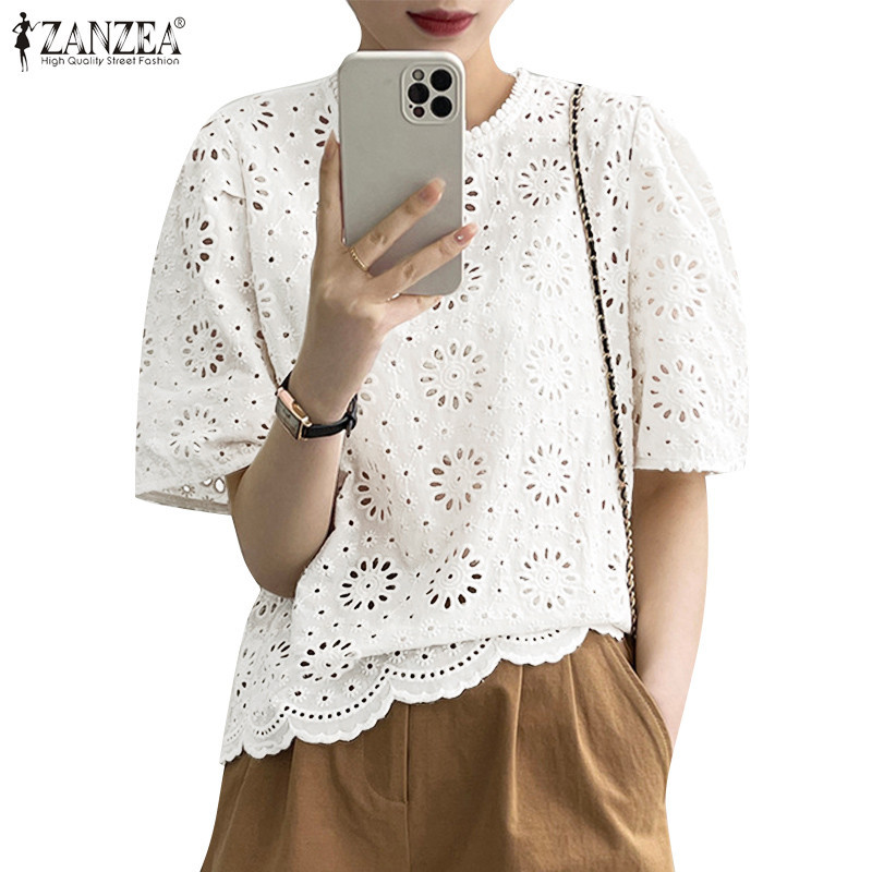 ZANZEA ใส่ ซานเซีย ผู้หญิงเกาหลีลําลองแขนสั้น โอ-คอ ออกแบบเย็บปะติดปะต่อกันปุ่มเสื้อ