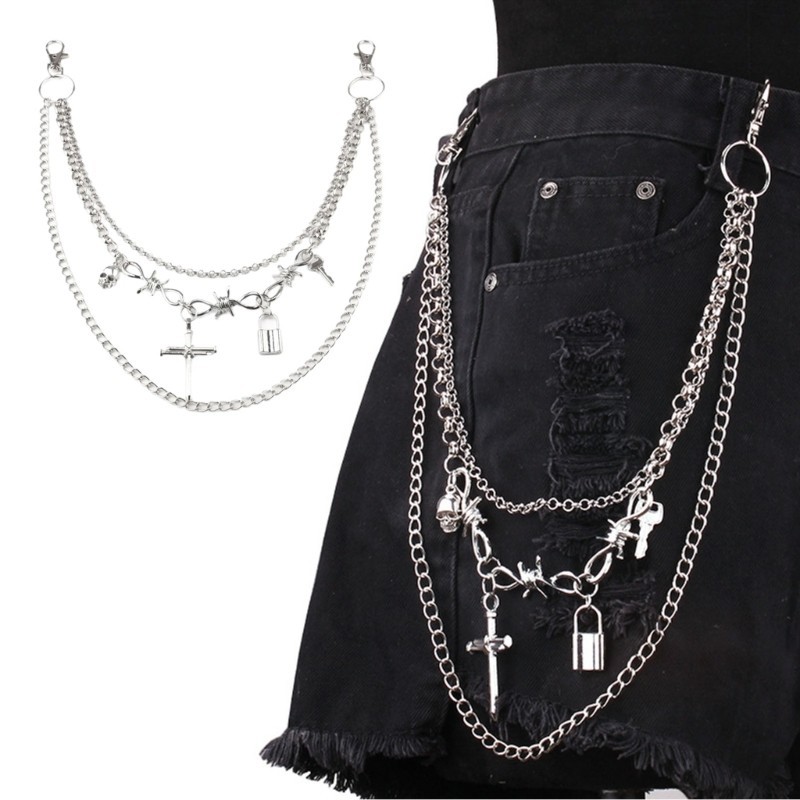 Whi Multi-Layer Pants Chain Harajuku Crosses Charm Punk Chain Belt Jeans Pants