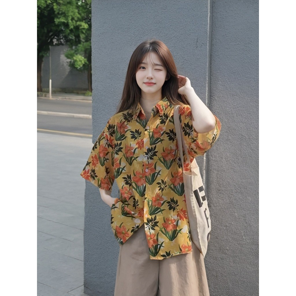 เสื้อเชิ้ตฮาวายลายดอก เสื้อ สงกรานต์ ผู้หญิง  ดีไซน์ที่ทันสมัยพร้อมพิมพ์ลายใบไม้สวยงาม สีสันสดใส