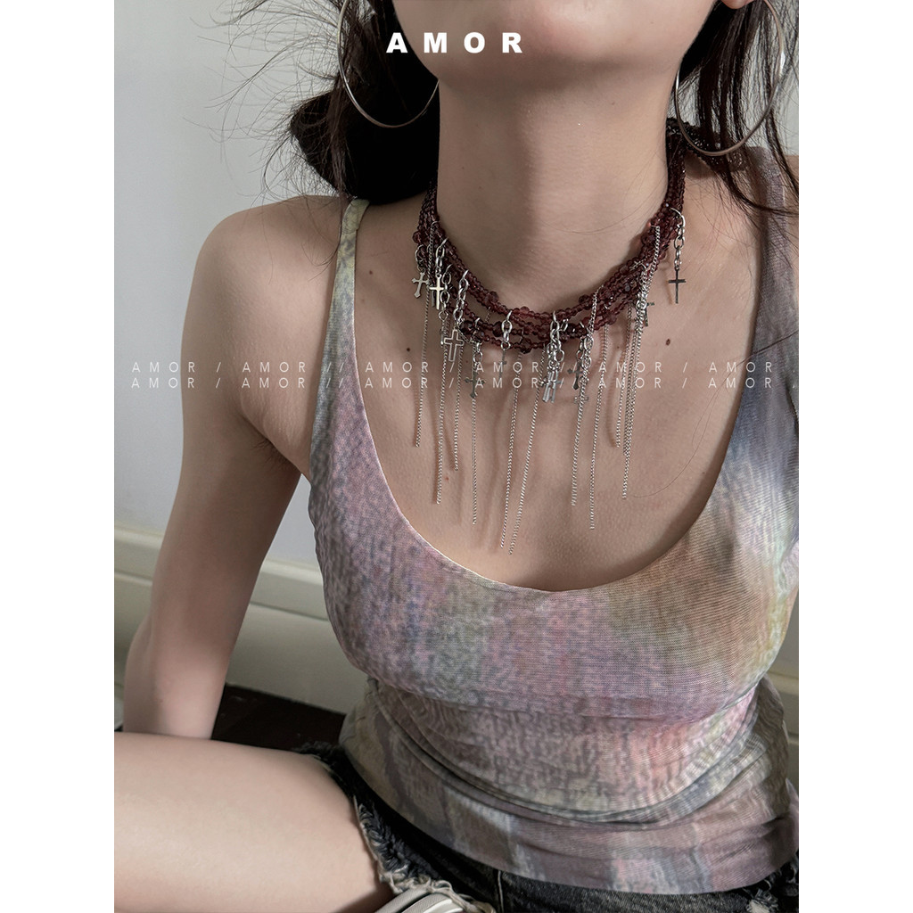 สร้อยคอลูกปัดพู่หลายชั้นข้าม เค้นคอ unisex
