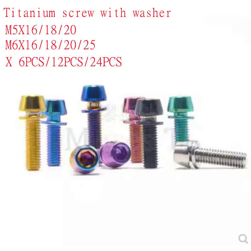 2/6/12/24pcs Titanium Screw Bolt M5 m6X16/18/20/25 Cone Head with Gasket Washer Bicycle Stem Screws 