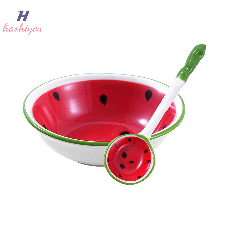 <haohiyou> น่ารักสตรอเบอร์รี่แตงโมรูปชามช้อนเซรามิคช้อนธัญพืช Ramen ช้อนซุปผลไม้รูปแบบเสิร์ฟชามช้อน Nice