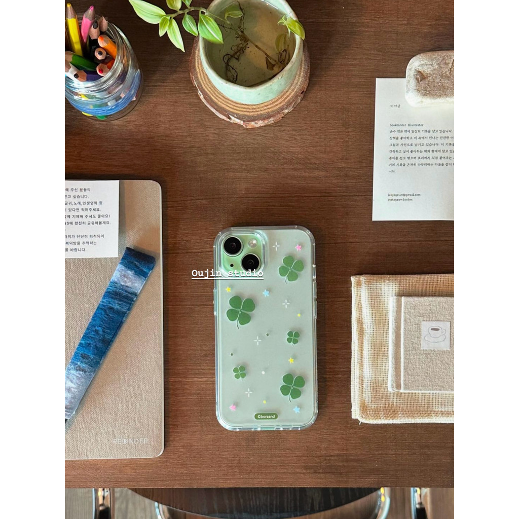 เกาหลีอินการออกแบบเฉพาะโคลเวอร์สี่ใบนําโชคเหมาะสําหรับ 16/15pro/15promax/15/14/13/12 เคสโทรศัพท์โปร่งใส 11 เคสป้องกัน