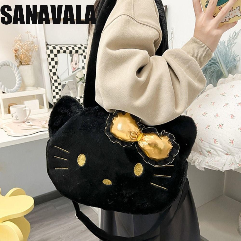 Sanavala กระเป๋าสะพายแมวคิตตี้, เย็บปักถักร้อย Bowknot Plush Cat Crossbody Bag, กระเป๋าถือสัตว์แบบพกพาสไตล์เกาหลีการ์ตูน Kitty Tote Bag Outdoor