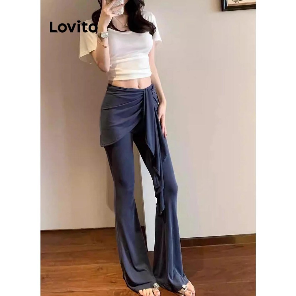 Lovito กางเกง 2 In 1 ปลอมเรียบหรูธรรมดาสำหรับผู้หญิง LNE73473