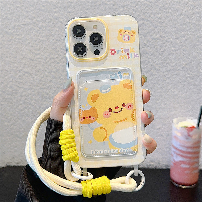 Butter หมีน้อยแขวนเชือกกระเป๋าบัตรเคสโทรศัพท์เข้ากันได้สําหรับiPhone 15promax 14promax 13promax 15pro 14pro 13pro 15 14 13 12Promaxซิลิโคนนุ่มรวมทุกอย่างFall p