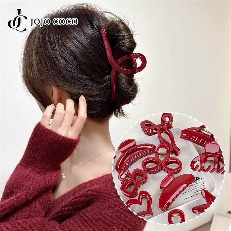 Jojo COCO Festive Red Geometric Bow Heart คลิปฉลามขนาดใหญ่เครื่องประดับผม Retro Elegant ผู้หญิง