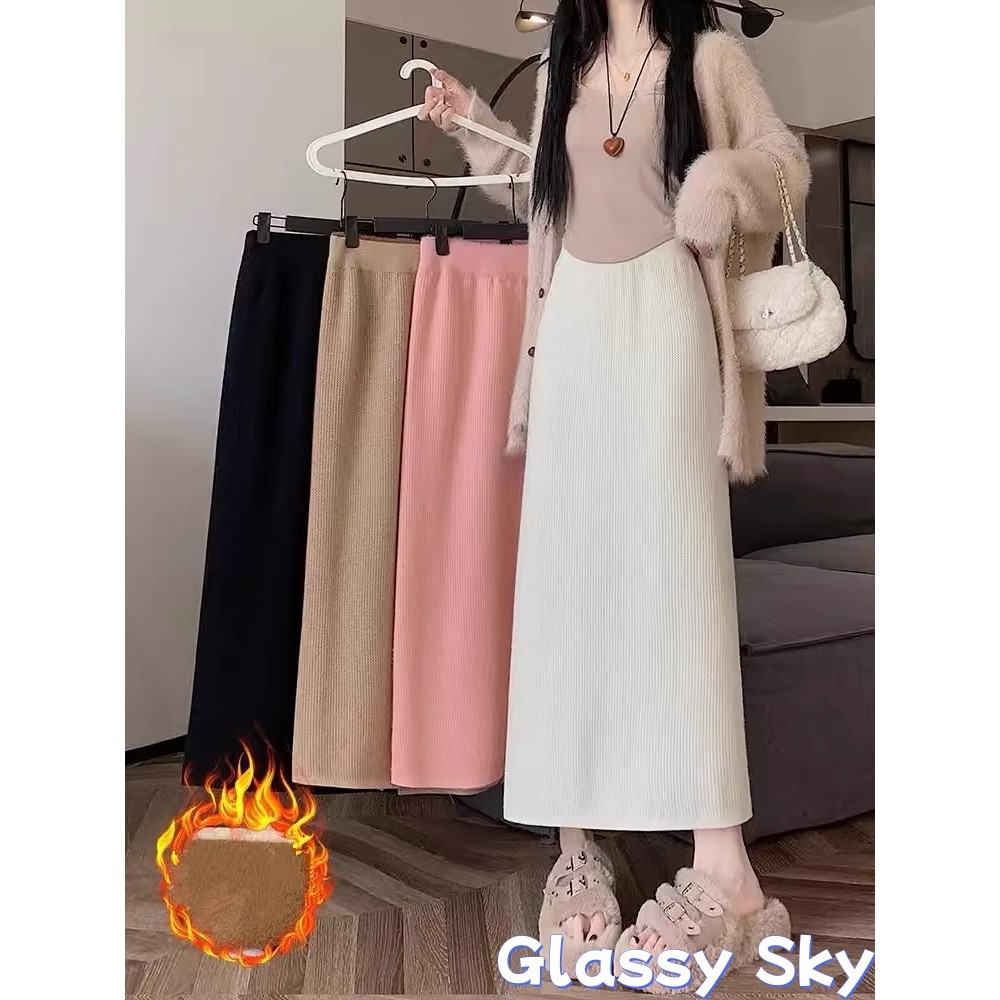 Glassy Sky พร้อมส่ง กระโปรงยาว ผ้าถัก สีทึบ ทรงตรง แฟชั่นผู้หญิง F42