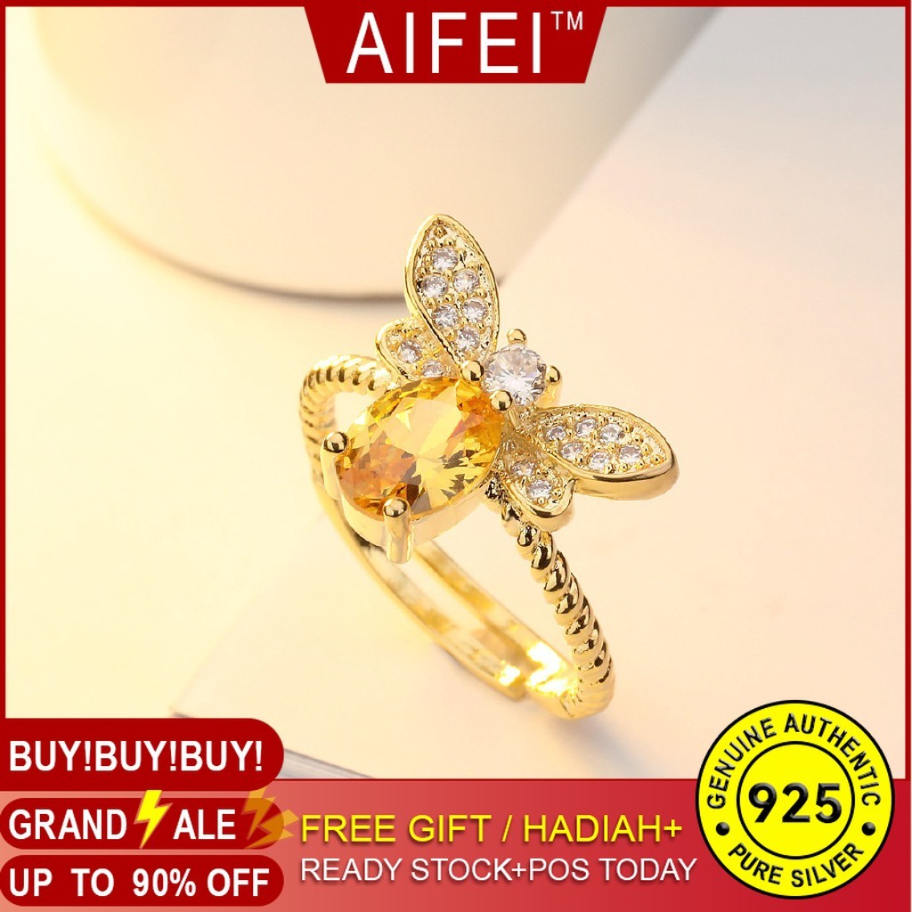 ใหม่ชุบ 14K ทองหลากสีเครื่องประดับคริสตัลสีเหลืองธรรมชาติผึ้งขนาดเล็กเปิดแหวนปรับ de2-1577