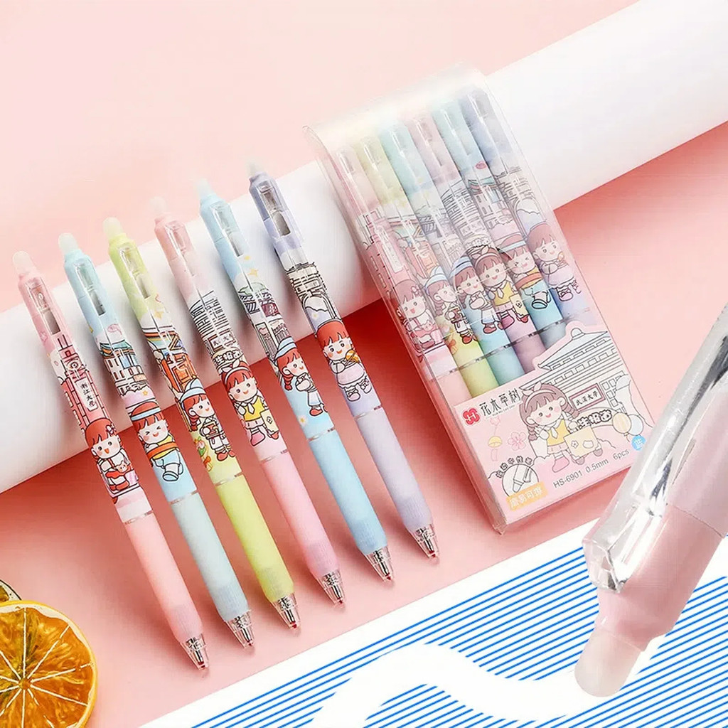 6 ชิ้น/กล่องใหม่น่ารักกด 0.5 ลบได้ ปากกาเจลขายส่งนักเรียนความร้อน ลบได้ คริสตัลสีฟ้าคาร์บอนสีดํา ลบได้ ปากกา