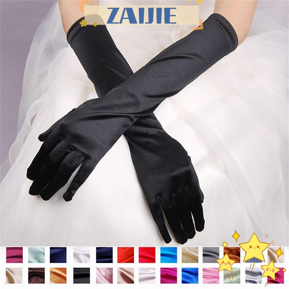 Zaijie ถุงมือยาว ผ้าซาติน ยืดหยุ่น สีดํา สีขาว สีทอง หลากสี เหมาะกับงานพรอม ปาร์ตี้ งานแต่งงาน สําหรับผู้หญิง และผู้ใหญ่