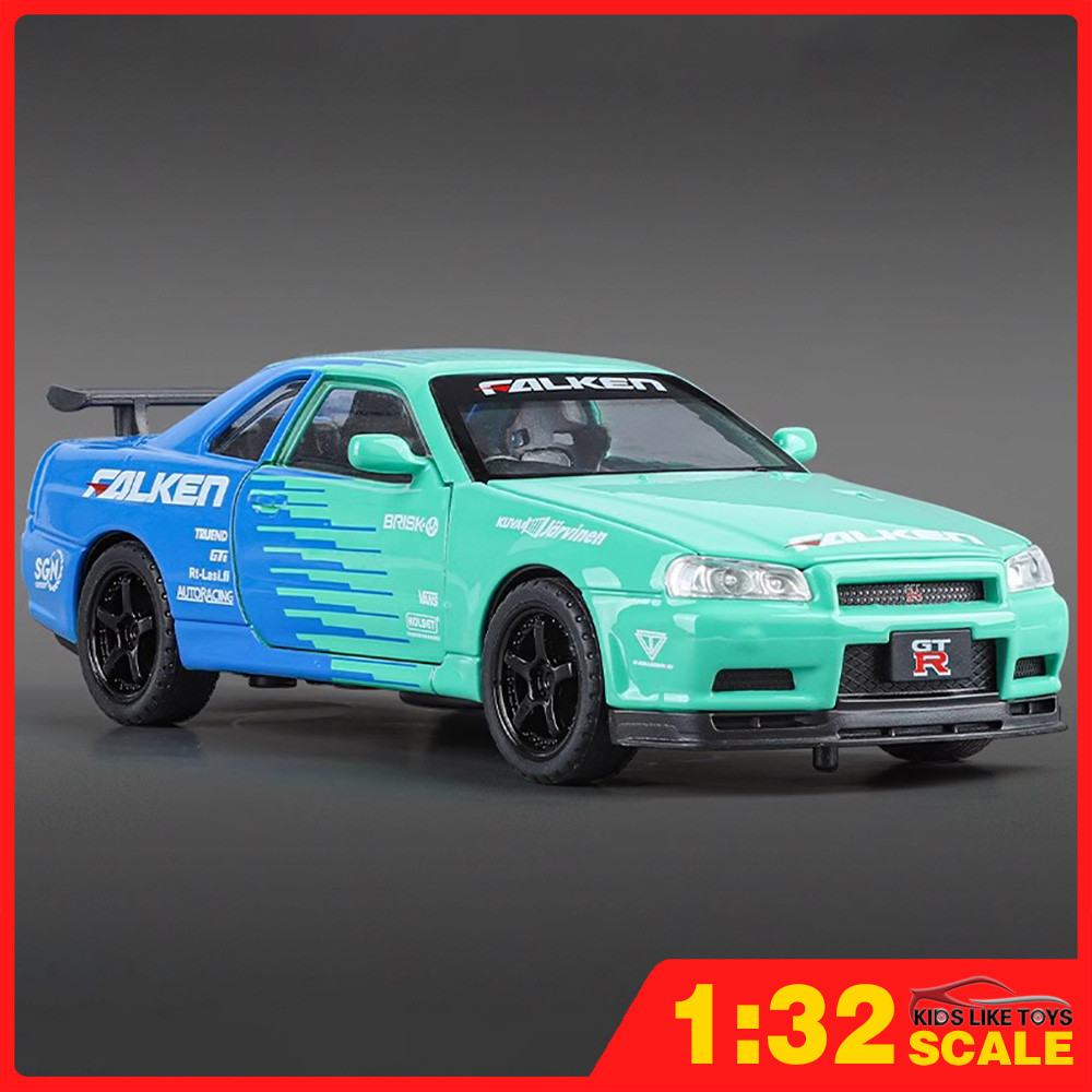 Klt 1:32 NISSAN GTR R34 Livery โลหะของเล่นรถรุ่นรถ Diecast รถสําหรับชายเด็กจําลองเสียง Light Effect ของขวัญงานอดิเรกคอลเลกชัน